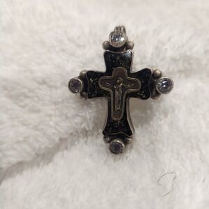 Vintage Silver tone Cross Pendant Crucifix Rhinestone Sacred Heart